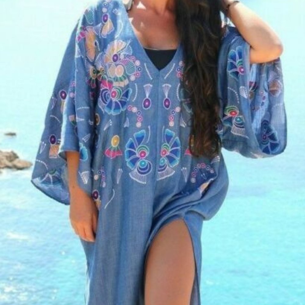 ZARA Retro Boho Embroidered denim Kimono / Caftan dress